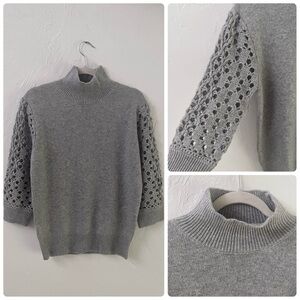 Magaschoni NWT Cashmere-Blend 3/4 Crochet Sleeve High Neck Gray Knit Sweater